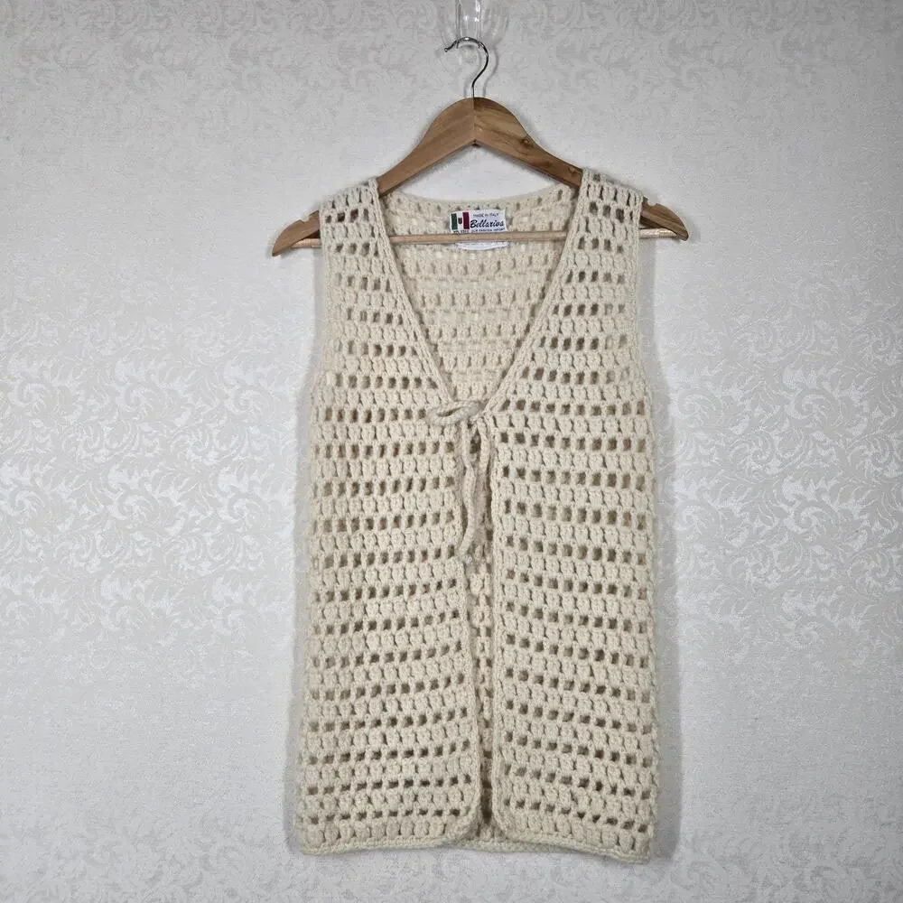 Vintage Bellariva Crochet Vest M Cream 100% Wool Italy Boho Cottagecore Festival